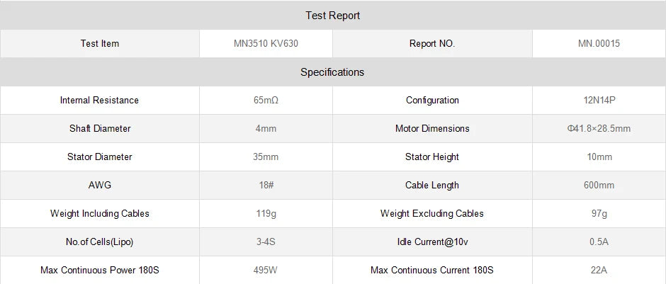 T-motor, 119g Weight Excluding Cables 97g Noof = Cells(