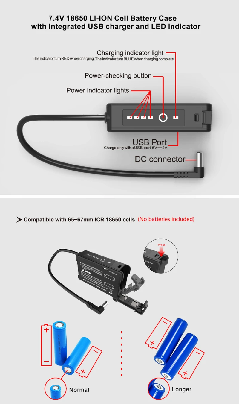 Eachine 7.4V 18650 Battery Case with USB Charger, DC 5.5×2.1mm, LED Indicator, Reverse Polarity Protection, for EV100 EV200D EV300D EV300O DJI Fatshark Skyzone FPV Goggles
