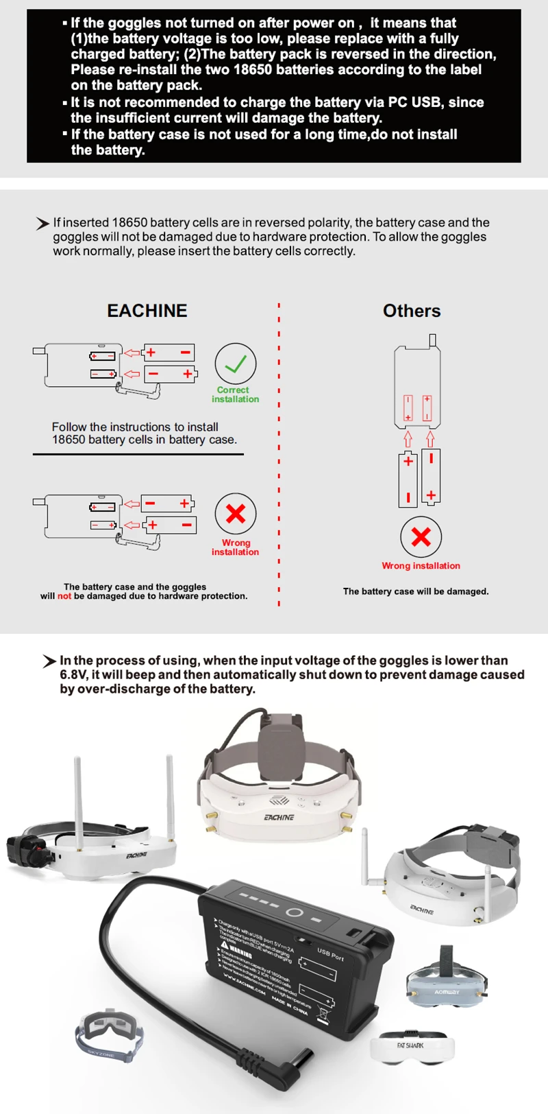 Eachine 7.4V 18650 Battery Case with USB Charger, DC 5.5×2.1mm, LED Indicator, Reverse Polarity Protection, for EV100 EV200D EV300D EV300O DJI Fatshark Skyzone FPV Goggles